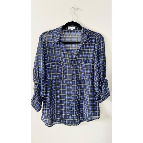 Express Portofino Shirt – Blue & Black Plaid – Women’s Size Large (L) - Picture 1 of 3